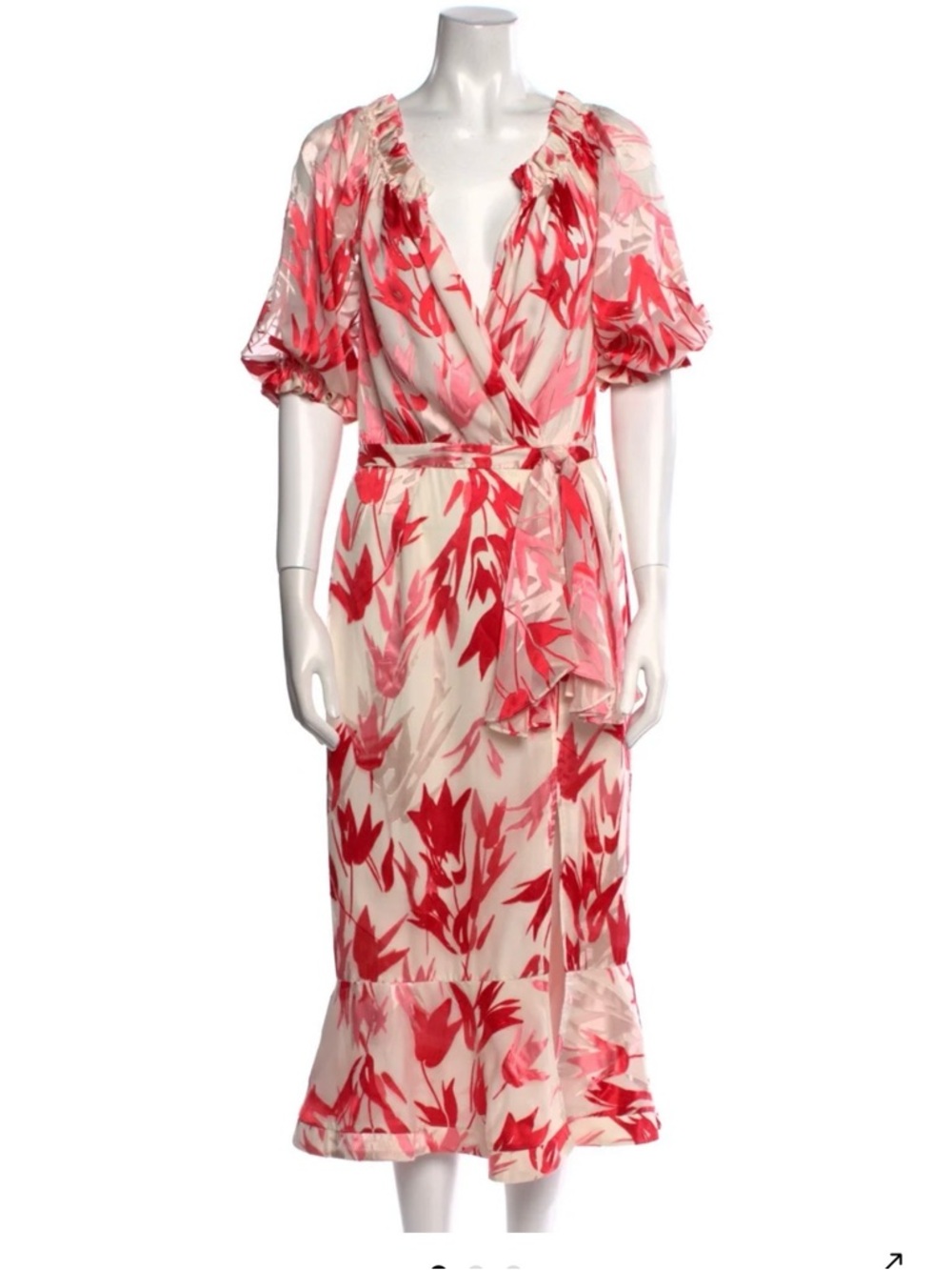 SALONI Cream Midi Wrap Dress with Red & Pink Floral Print